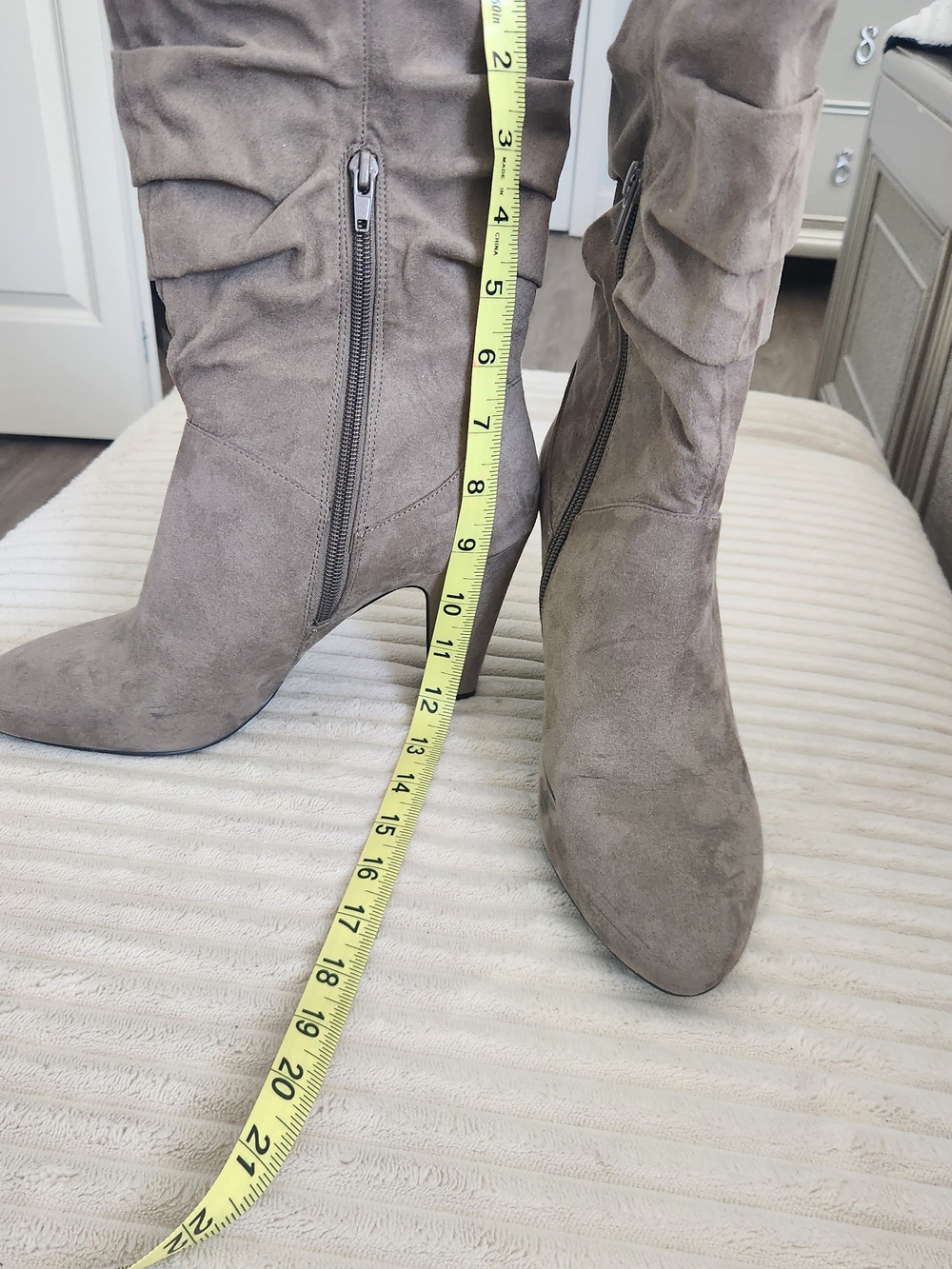 Nine West Taupe Suede Mid-Calf Heeled Boots with Side Zip